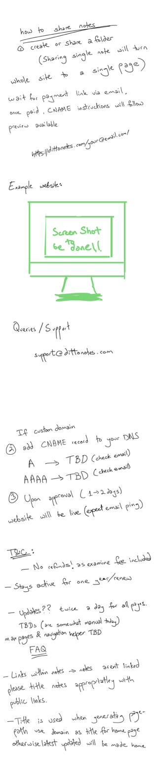 how to share notes @ create or share a folder
(Sharing single note will turn whole site to a single page) wait for payment link via email, once paid, CNAME instructions will fallaw preview available
Example websites
Screen Shot be gonel!
Queries/ Supprt
suport@dittonotes.com
If custom domain
add CNAME record to your DNS A → TBD (check email)
AAAA → TBD (check emsil
Upon aproval (1->2 do)
website will be live epect email ping)
Tee:
- No refunds! as examine fee includad
- Stays active for one year/renew
- Updates?? twice a day for all pages.
TBDs (are somewhat manual today
max pages & navigation heper TBD
FAQ
- Links within notes → notes arent linked please title notes appropriatley with public links.
- Title is used when generatig pige path use domain as title for home page otherwise latest posted will be made home